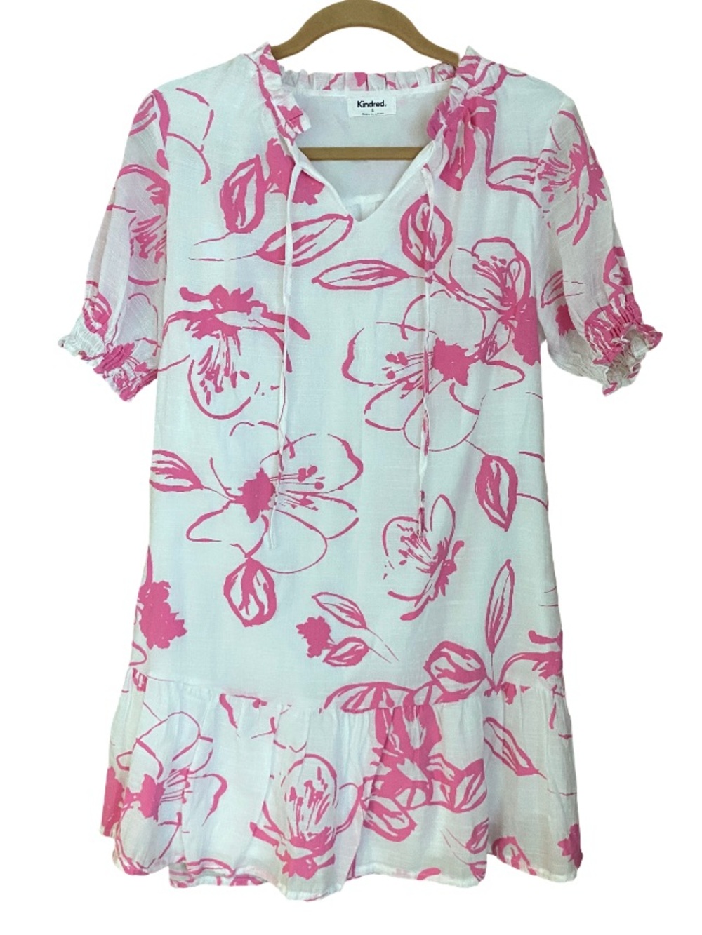 Anthropologie Kindred pink and white floral tropical print dress size small